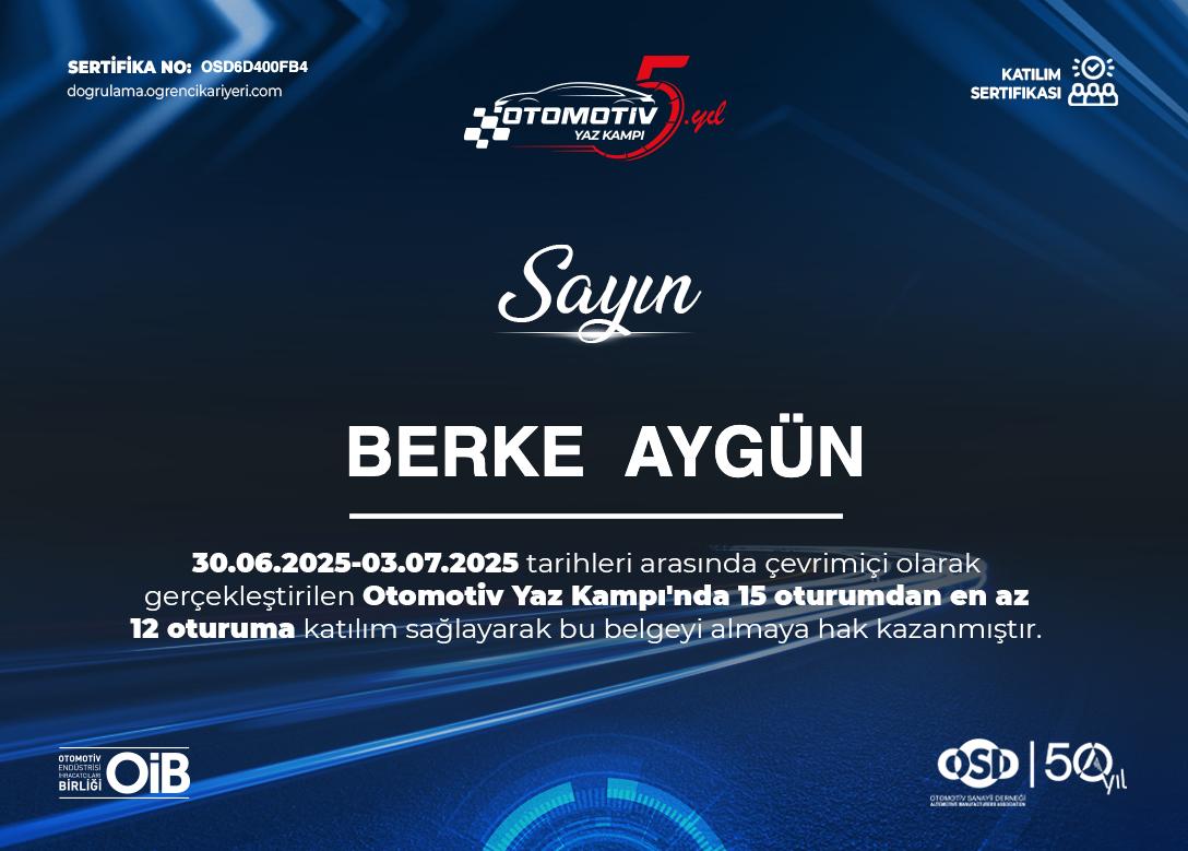 Otomotiv Yaz Kampı sertifikası
